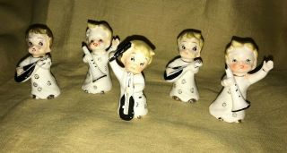 Vintage Set Of 5 Christmas Ceramic Figurines Child Musicians Stickers Of Japan
