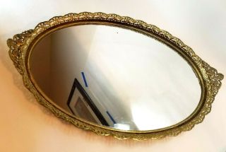 Vintage Filigreed Brass Oval Vanity Tray With Mirror Base - - Patinated