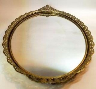 Vintage Filigreed Brass Oval Vanity Tray with Mirror Base - - Patinated 2