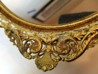 Vintage Filigreed Brass Oval Vanity Tray with Mirror Base - - Patinated 3