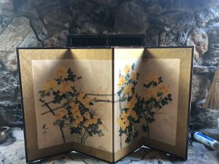 Antique Japanese Flowers,  4 Panel Folding Screen Painting 35 " X 60”