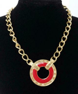 Vintage Monet Signed Gold Tone Red Enamel Disc Chain Necklace