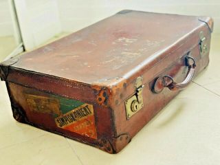 Large Antique Old Leather Suitcase Luggage With Stickers /