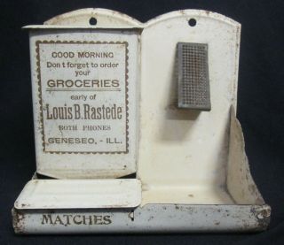 Vintage Metal Wall Mount Match Holder - Groceries Advertisement - Geneseo Il