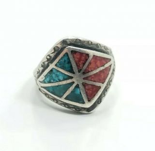 Vintage Sterling Silver 925 Turquoise Coral Native American Ring Size 6.  75
