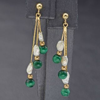 Vintage 14k Yellow Gold Malachite & Freshwater Pearl Dangle Earrings 40.  0x4.  0 Mm