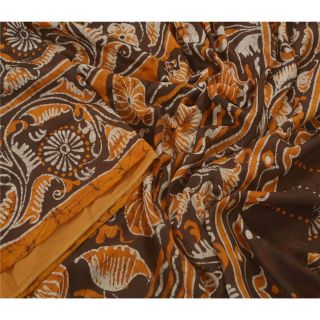 Sanskriti Vintage Brown Saree 100 Pure Silk Batik Work Sari Craft 5 Yard Fabric
