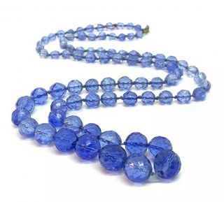 Vtg Art Deco Czech Blue Crystal Glass Faceted Cut Graduated Bead Necklace 36”