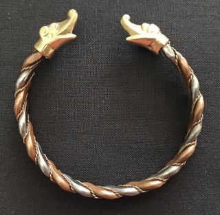 Vintage Men’s Braided Cuff Bangle With Animal Heads Copper Brass Mixed Metals