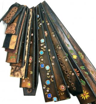 15,  Vintage 1970 Tooled Leather Scrap Straps Flowers For Cuffs Earrings Belts