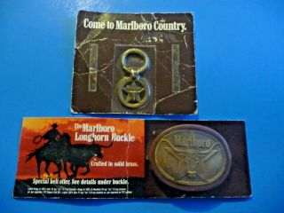 Vintage Marlboro Brass Longhorn Belt Buckle & Brass Key Chain In Package