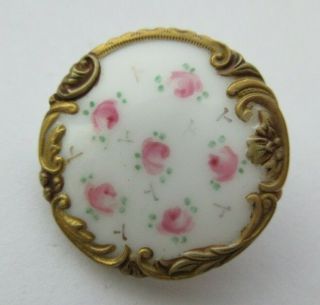 Stunning Antique Vtg Victorian White Glass Button Pink Roses & Gold Luster (f)