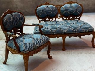 Vintage Miniature Dollhouse Artisan Silk Damask Parlor Wood Carved Sofa & Chair