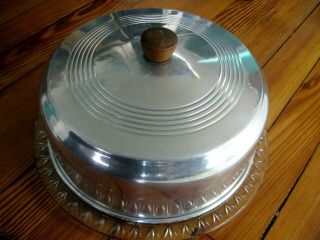 Retro Vintage Aluminum Cake Cover 9 " With Glass Cake Plate Starburst Footed Base
