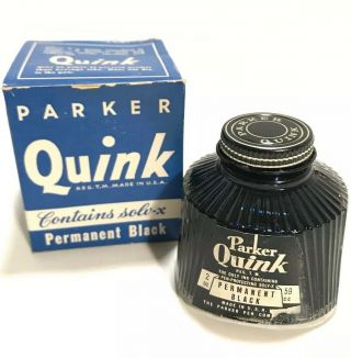 Vintage Old Stock Full 2 Oz Bottle Parker Quink Black Ink Box