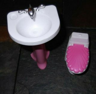 Barbie Ken Doll House Furniture - Pink & White Bathroom Toilet & Sink