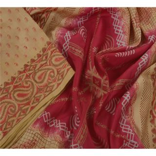Sanskriti Vintage Dark Red Saree 100 Pure Silk Printed Craft 5 Yard Fabric Sari