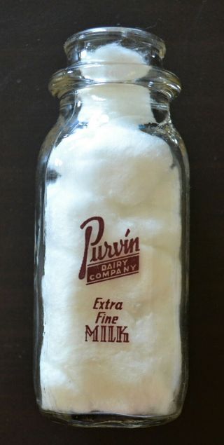 Vintage Purvin Dairies 1/2 Pint Milk Bottle Wilkes - Barre Pa
