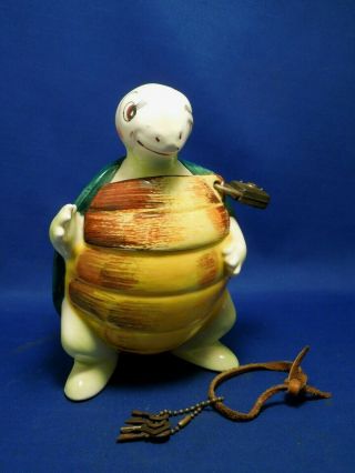 Vintage Enesco Japan Winking Swifty Turtle Porcelain Bank W/ Lock & Keys