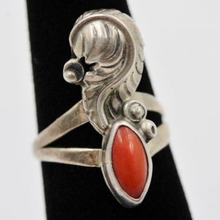 Vintage Designer Signed Sterling Silver & Coral Size 6 Handmade Ladies Ring