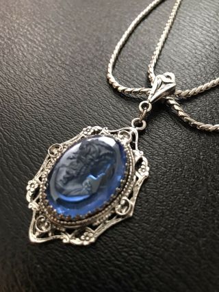 Vintage Whiting & Davis Ornate Silver Tone Blue Glass Cameo Pendant Necklace