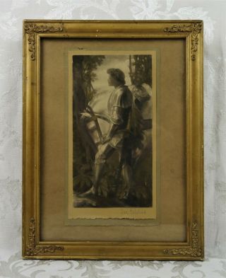 Framed Antique Hand Tintedchromolithograph Print Of Sir Galahad After G.  F.  Watts