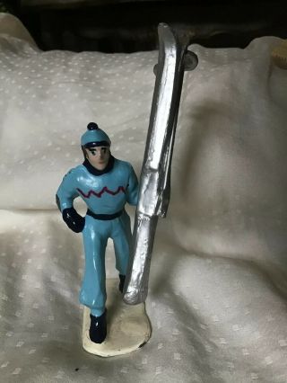 Vintage Barclay? Manoil Lead Metal Man Snow Skiier Light Blue Outfit