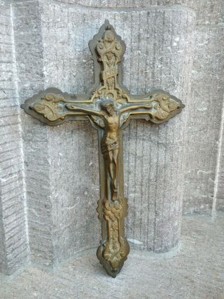 Antique Ornamental Art Nouveau Bronze Wall Cross Crucifix Jesus Christ Corpus