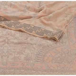 Sanskriti Vintage Cream Saree Pure Georgette Silk Printed Sari Craft 5yd Fabric