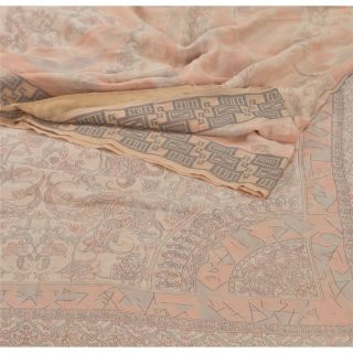 Sanskriti Vintage Cream Saree Pure Georgette Silk Printed Sari Craft 5Yd Fabric 2