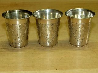 3 Engraved Imperial Russian 84 Sterling Silver Kiddish Cup Vodka Shot 48.  5 Grams