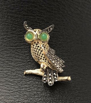 Vintage Alice Caviness Sterling Silver Jade Cabochon Marcasite Gold Owl Brooch