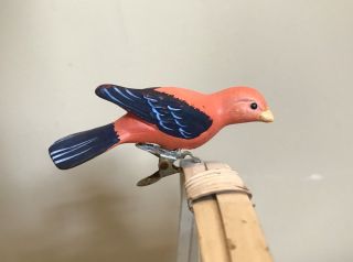Vtg Red - Orange Ceramic/porcelain/bisque - Clip On - 3 " Parrot - Bird Figurine - Ornament