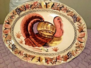 Vintage Lefton Japan Hand Painted Thanksgiving Turkey Platter Plate Signed Euc