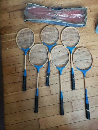 Vintage " Look " Wooden Badminton Racquet Set Of 6 Made In Japan Racket Rare W/bag