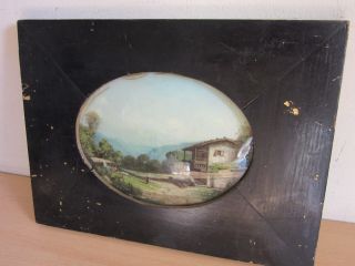 Antique Early Curved Convex Painting Of Farm Scene In Victorian Frame