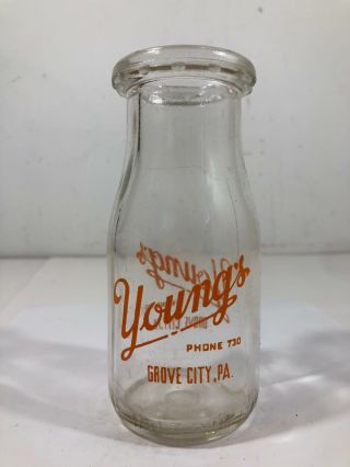 Vintage Young’s Dairy Half Pint Milk Bottle Grove City,  Pa