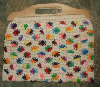 Knitting Sewing Bag Vintage Tote Handmade Crochet & Needlework Wood Handles