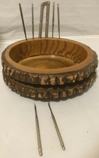 Vintage Wooden Nut Bowl Tree Rings And Bark,  Wood Dish,  Nutcracker 10.  5” Wide