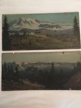 Pair Antique Scenic Oil Paintings By John Coultrup Crater Lake 9 1/2” X 20”