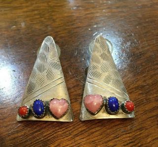 Unique Vintage Navajo Francis Melvin Sterling Silver Multi Shape Stone Earrings