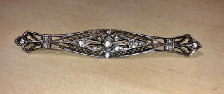 Vintage Sterling Silver Victorian Art Deco Bar Pin With Clear Stones