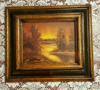 Vintage Sunset Scene Autumn Fall Landscape Oil On Canvas Signed Wood Frame