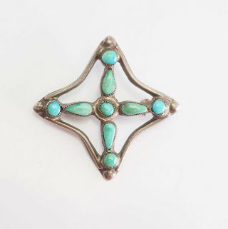 Vintage Zuni Native American Sterling Silver Turquoise Handmade Cross Pin Brooch