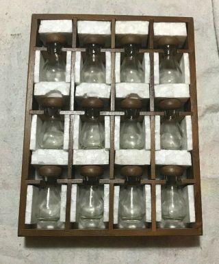 Vintage Nos Wood Spice Rack Cabinet & 12 Glass Bottles Jars