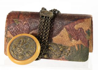 Japanese Embossed Leather Tobacco Pouch,  Ca 1900,  Netsuke And Ojime [11407]