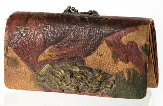Japanese embossed leather tobacco pouch,  ca 1900,  netsuke and ojime [11407] 2