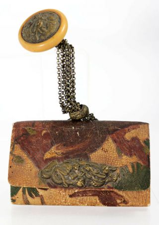 Japanese embossed leather tobacco pouch,  ca 1900,  netsuke and ojime [11407] 3