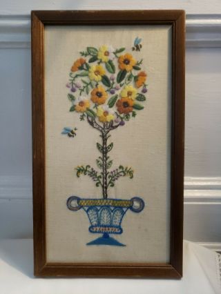 Vintage Completed Floral Needlepoint Framed With Glass 14 " X 8 "