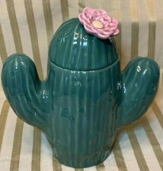 Vintage Treasure Craft Saguaro Cactus Cookie Jar Pink Flower Southwest Made Usa